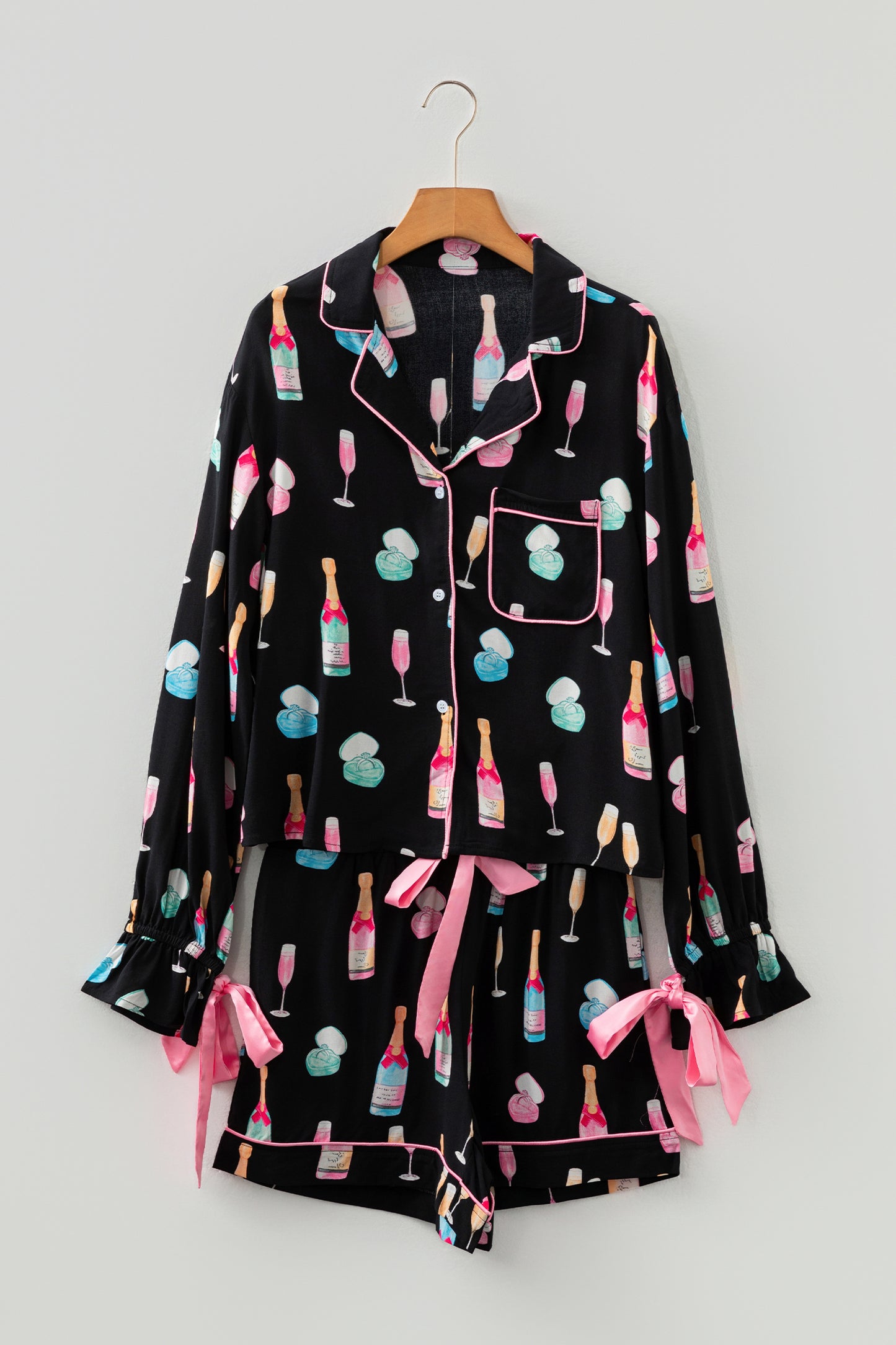 White Christmas Wine Glass Print Bow Knot Two Piece Pajama Set