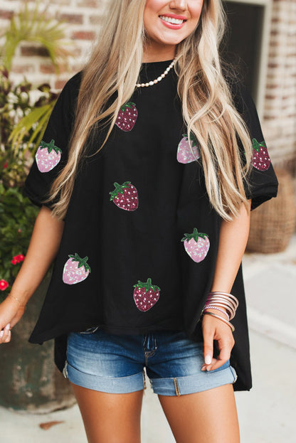 Black Sequin Strawberry Graphic High Low Relaxed Fit Tee