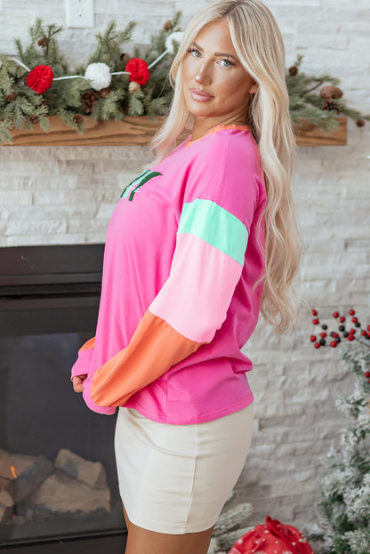 Rose Red Chenille MERRY Christmas Patched Colorblock Long Sleeve Top