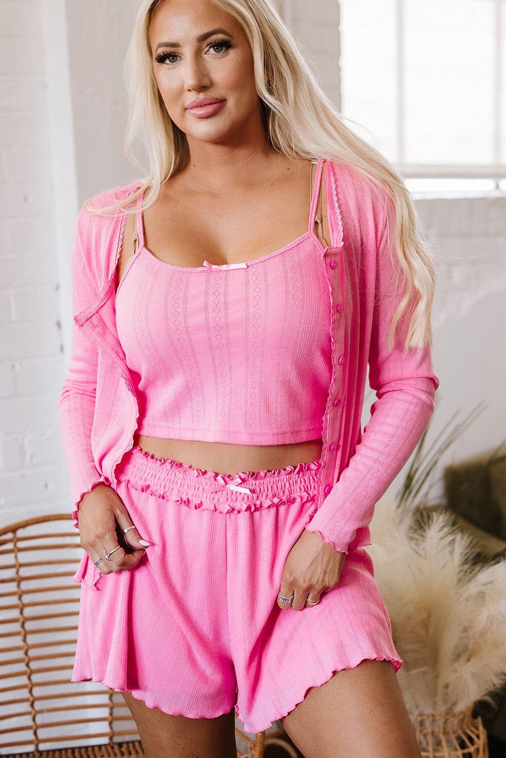 Orchid Petal Delicate Texture Cropped Cami Shorts and Cardigan 3pcs Lounge Set