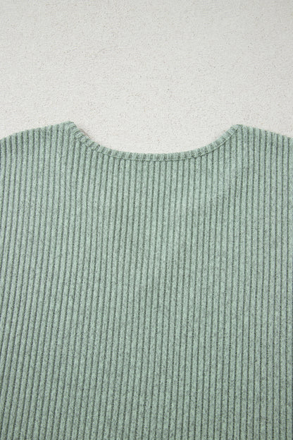 Grass Green Ribbed Notched Neck Knit Long Sleeve Leggings Two Pieces Lounge Set
