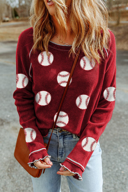Red Baseball Patched Patterned Game Day Waffle Raglan Top