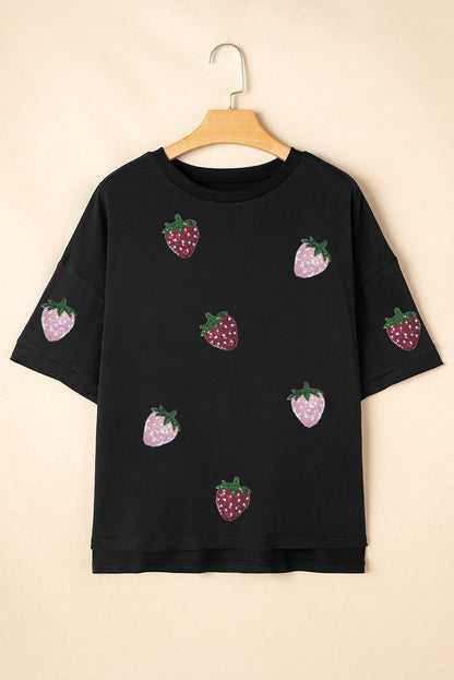 Black Sequin Strawberry Graphic High Low Relaxed Fit Tee