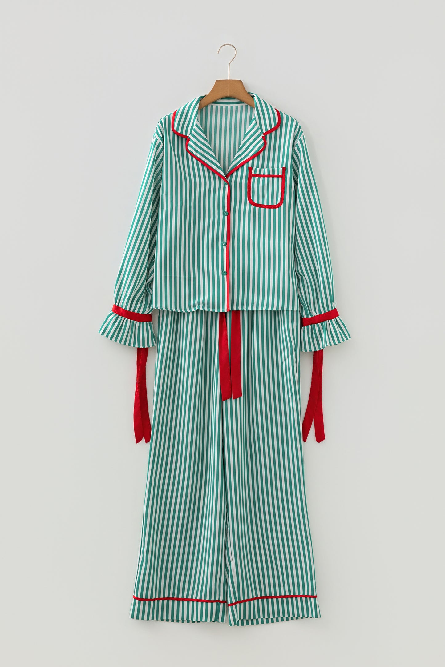 Red Stripe Contrast Velvet Trim Bow Knot Waist 2pcs Pajama Set