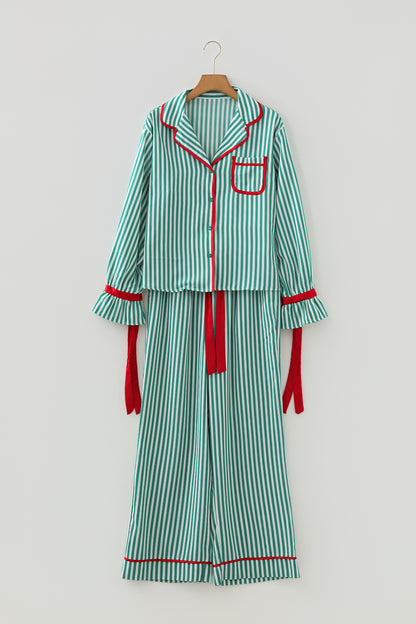 Red Stripe Contrast Velvet Trim Bow Knot Waist 2pcs Pajama Set