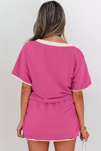 Bonbon Colorblock Edge Drop Shoulder T Shirt and Skort 2Pcs Set