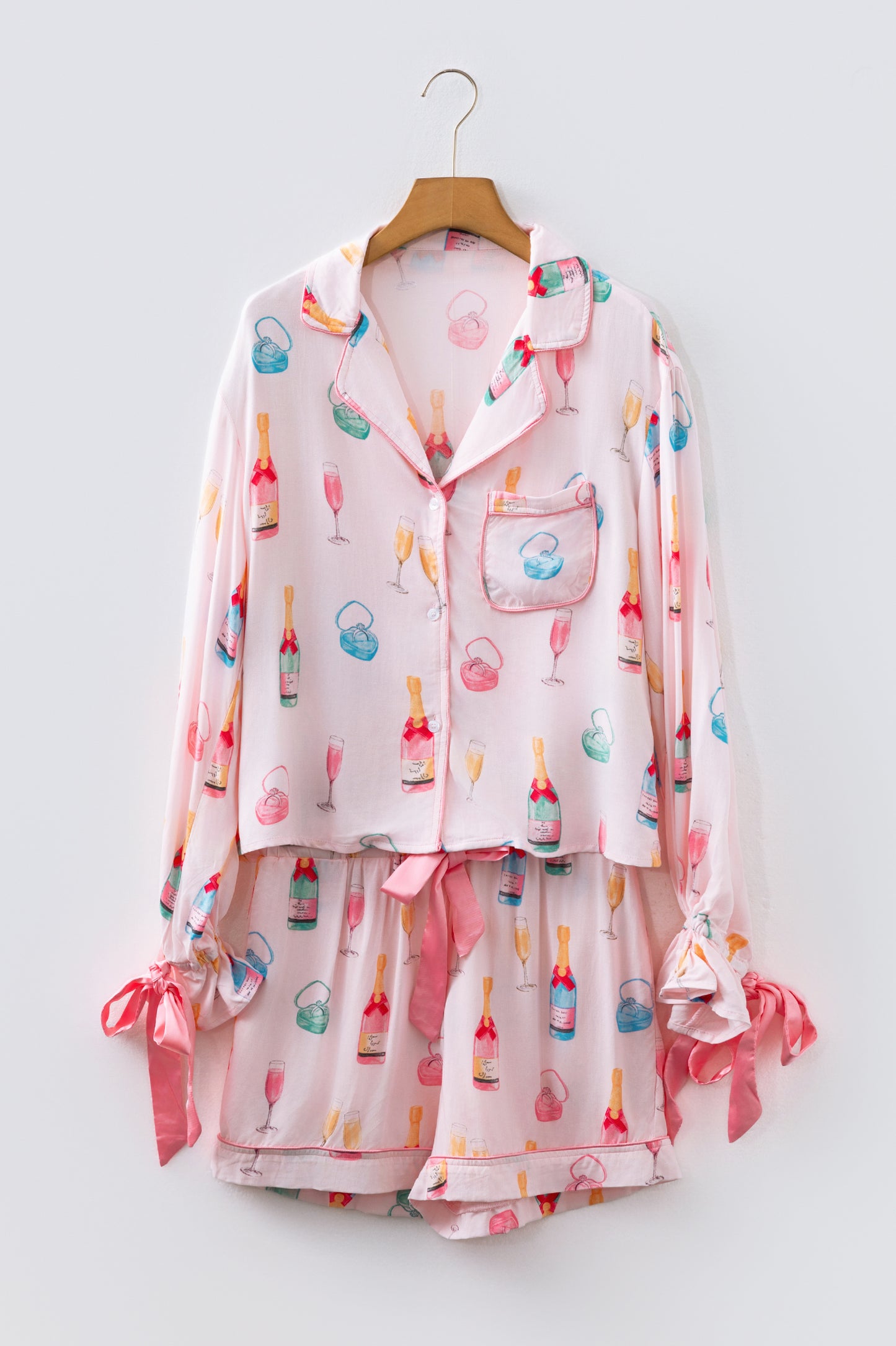 White Christmas Wine Glass Print Bow Knot Two Piece Pajama Set