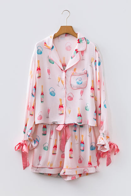 White Christmas Wine Glass Print Bow Knot Two Piece Pajama Set
