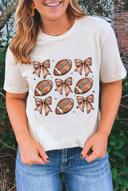 White Football Fashion Bow Print Cotton Blend T Shirt