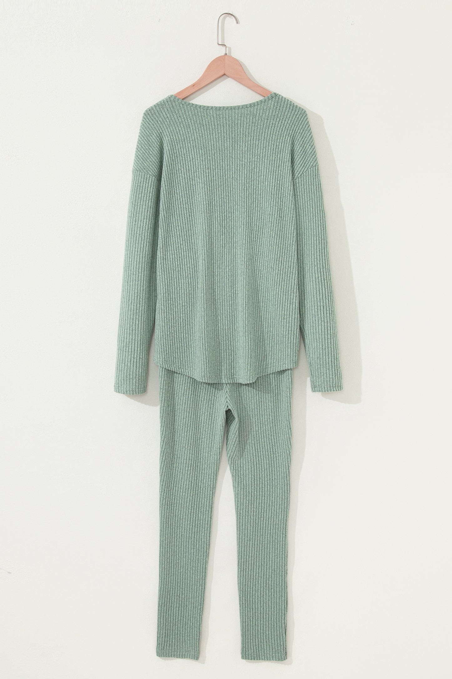 Grass Green Ribbed Notched Neck Knit Long Sleeve Leggings Two Pieces Lounge Set